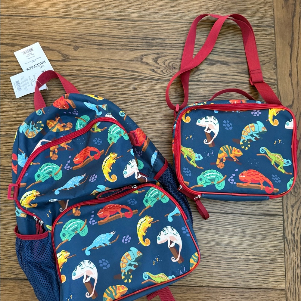 Blue and Red Chameleon Kids Backpack and Lunchbox Set